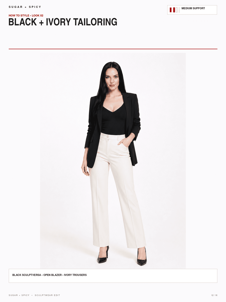 A fashion editorial page showing a model wearing a black blazer, black top, and ivory wide-leg trousers against a white studio background, with text reading 'BLACK + IVORY TAILORING' and 'SUGAR + SPICY'.