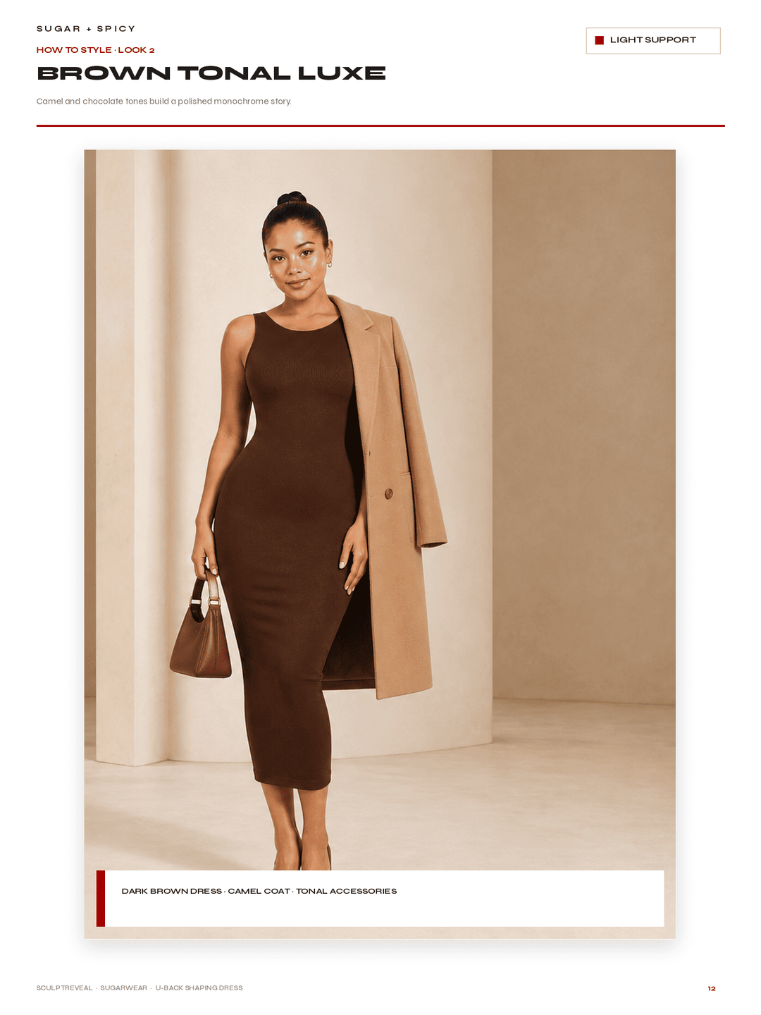 A fashion catalog page showing a model wearing a dark brown sleeveless midi dress, a camel coat, and carrying a brown handbag in a minimalist beige studio setting.
