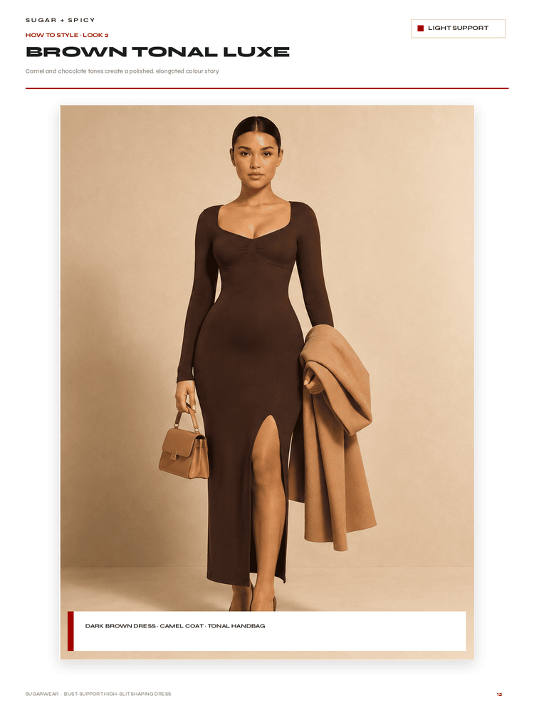 A model wears a dark brown long-sleeve bodycon dress with a thigh-high slit, styled with a camel coat draped over one arm and a matching handbag, set against a solid beige studio background.
