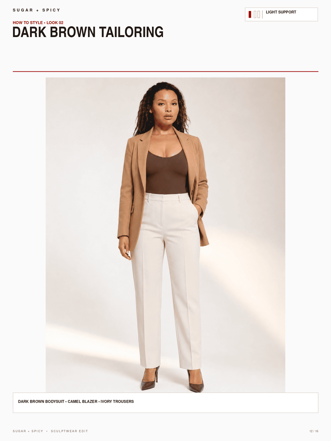 A model is shown wearing a camel blazer, ivory trousers, and a dark brown top against a light studio background. The image is presented as a styled editorial layout with text headers reading &