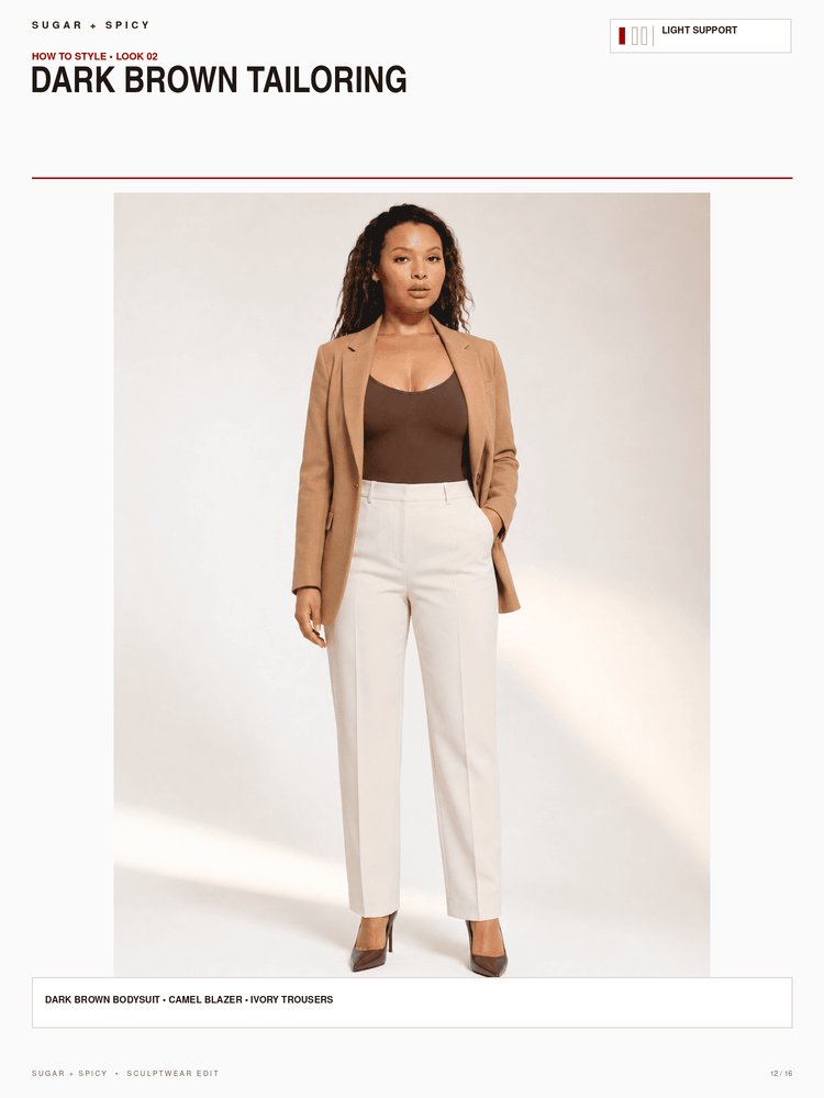 A model is shown wearing a camel blazer, ivory trousers, and a dark brown top against a light studio background. The image is presented as a styled editorial layout with text headers reading 'DARK BROWN TAILORING' and 'SUGAR + SPICED'.