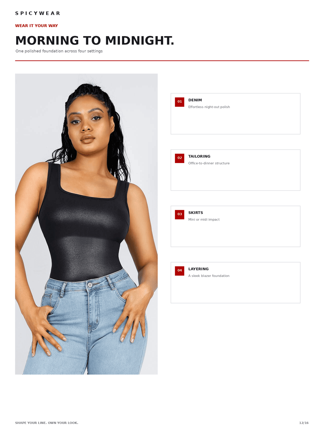 A catalog page from Spicywear showing a model wearing a black shapewear tank top, with text callouts on the right detailing four settings: sheer, tailoring, lights, and layering.