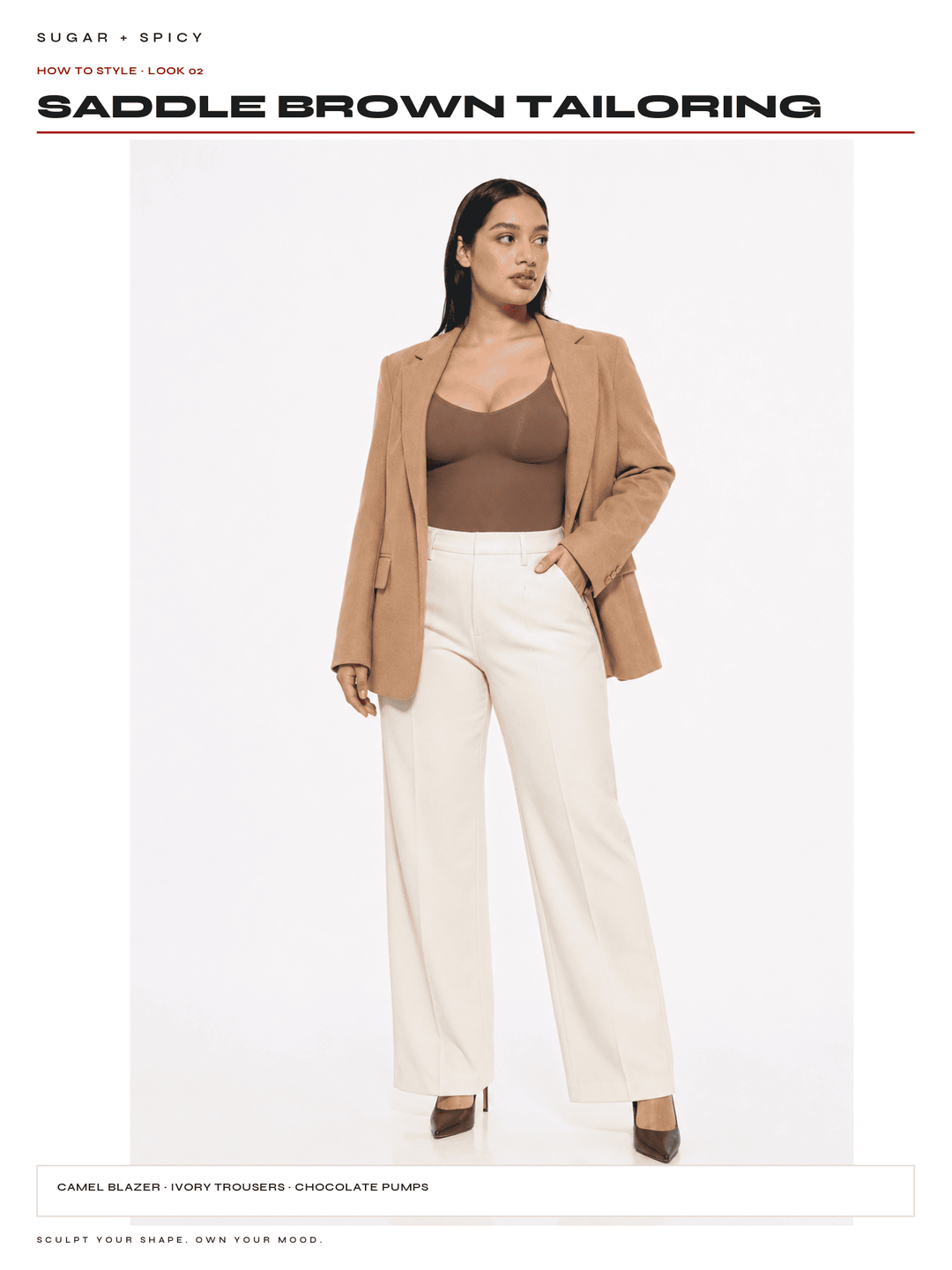 A model wearing a camel blazer, ivory wide-leg trousers, and a chocolate brown camisole, standing against a white studio background. Text at the top reads &