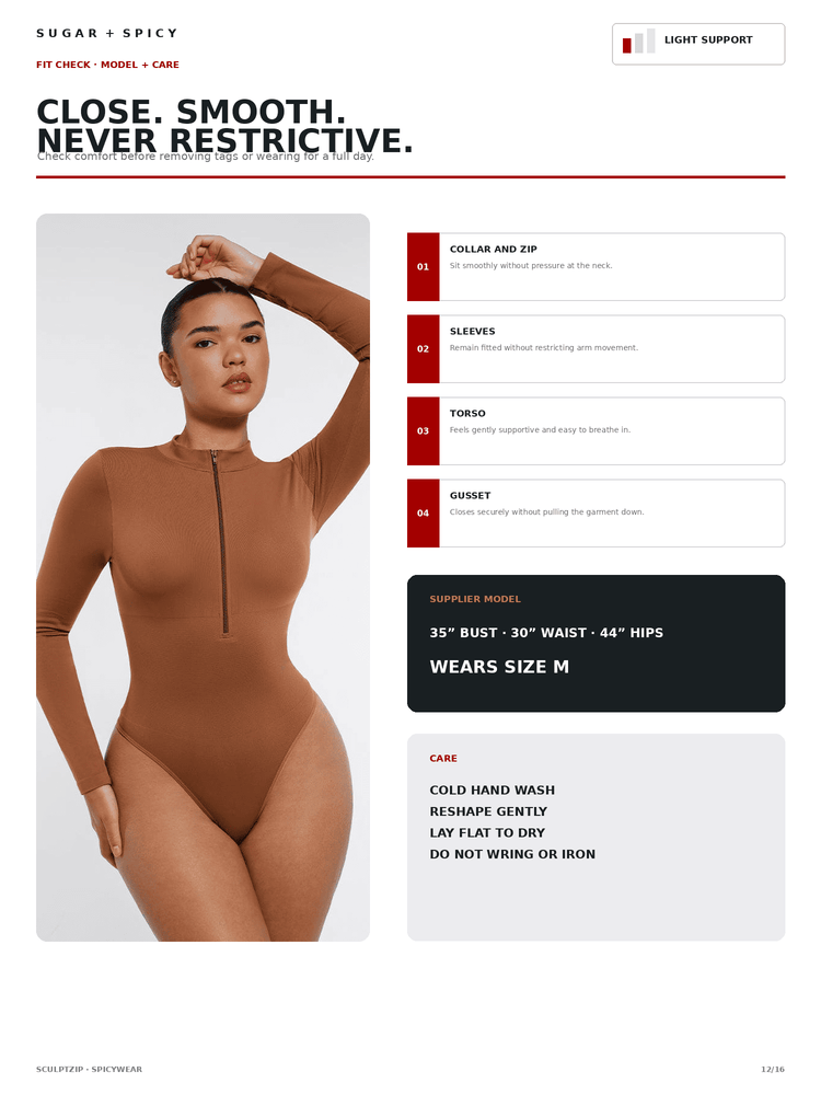 A catalog page for Sugar + Spicy showing a model wearing a brown long-sleeve bodysuit with a front zipper. The page includes product features, sizing information, and care instructions.