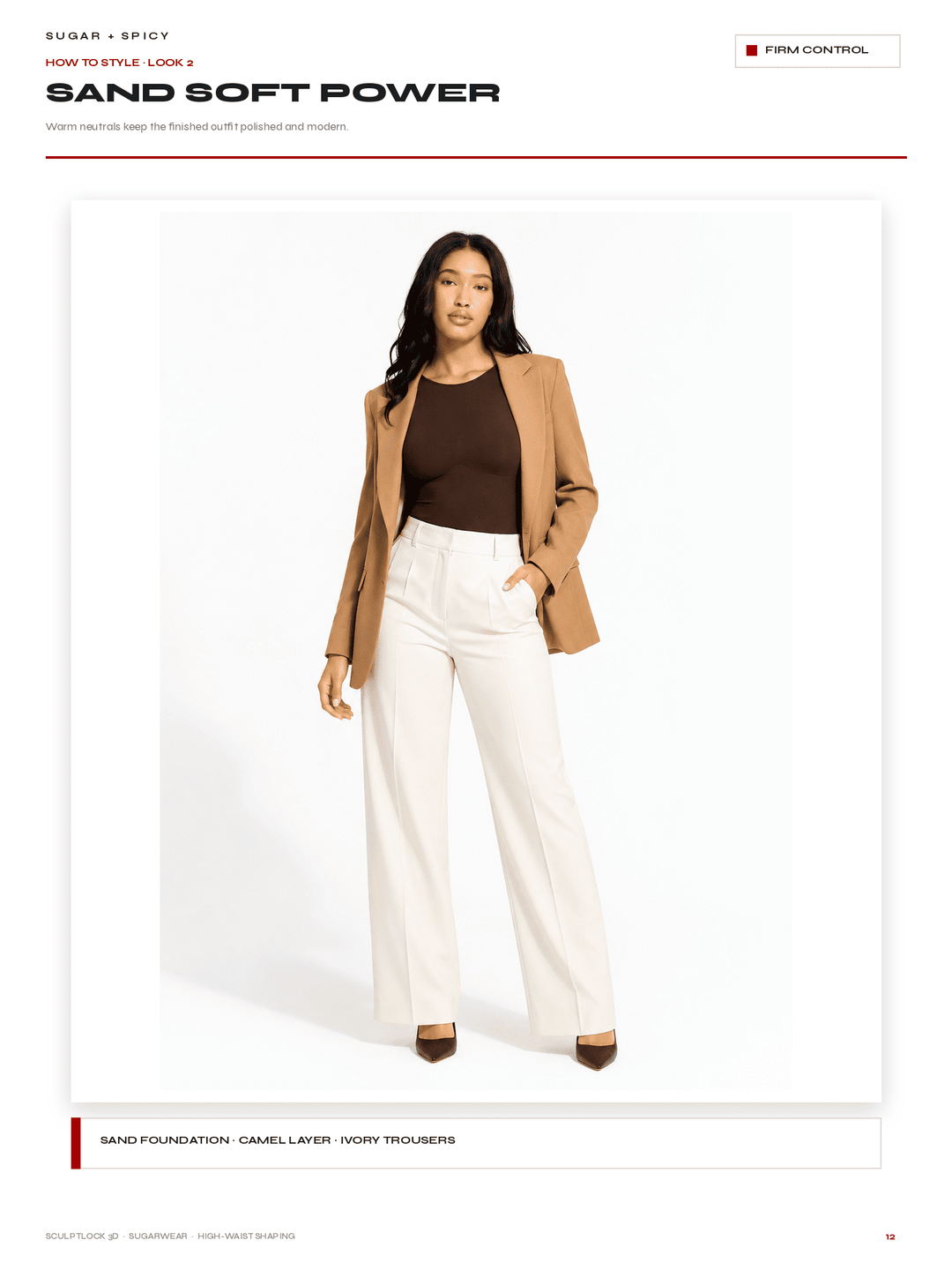 A model is shown wearing a tan blazer, white wide-leg trousers, a dark brown top, and brown heels against a plain white studio background. The image is presented as a catalog page with text headers reading &