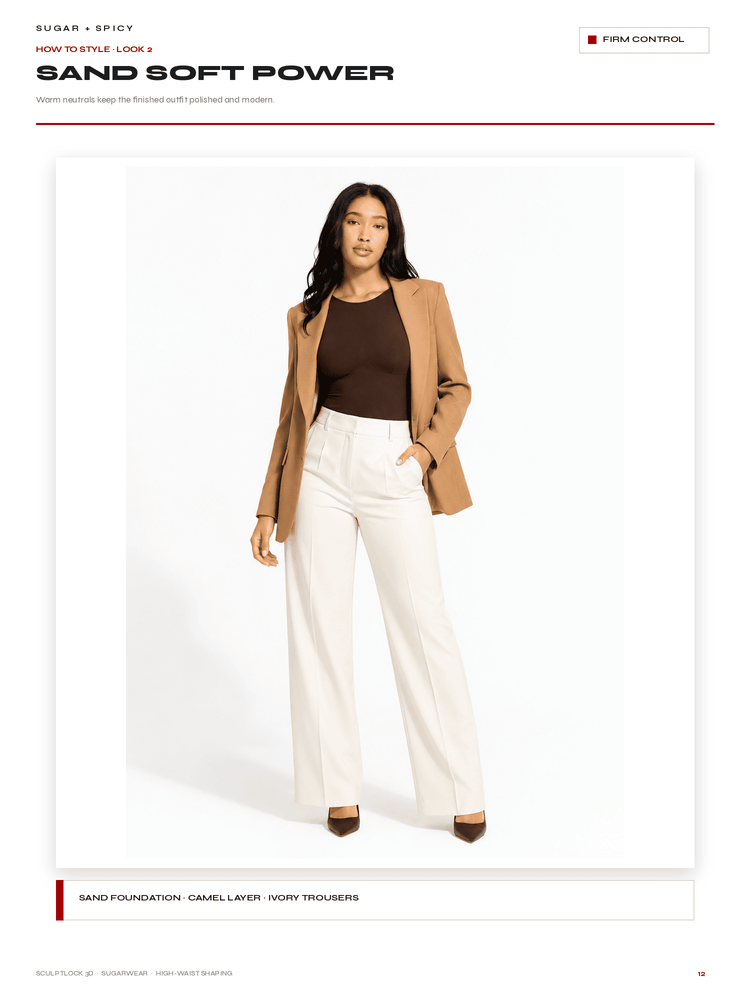 A model is shown wearing a tan blazer, white wide-leg trousers, a dark brown top, and brown heels against a plain white studio background. The image is presented as a catalog page with text headers reading 'SAND SOFT POWER' and 'SAND FOUNDATION - CAMEL LAYER - WHITE TROUSERS'.