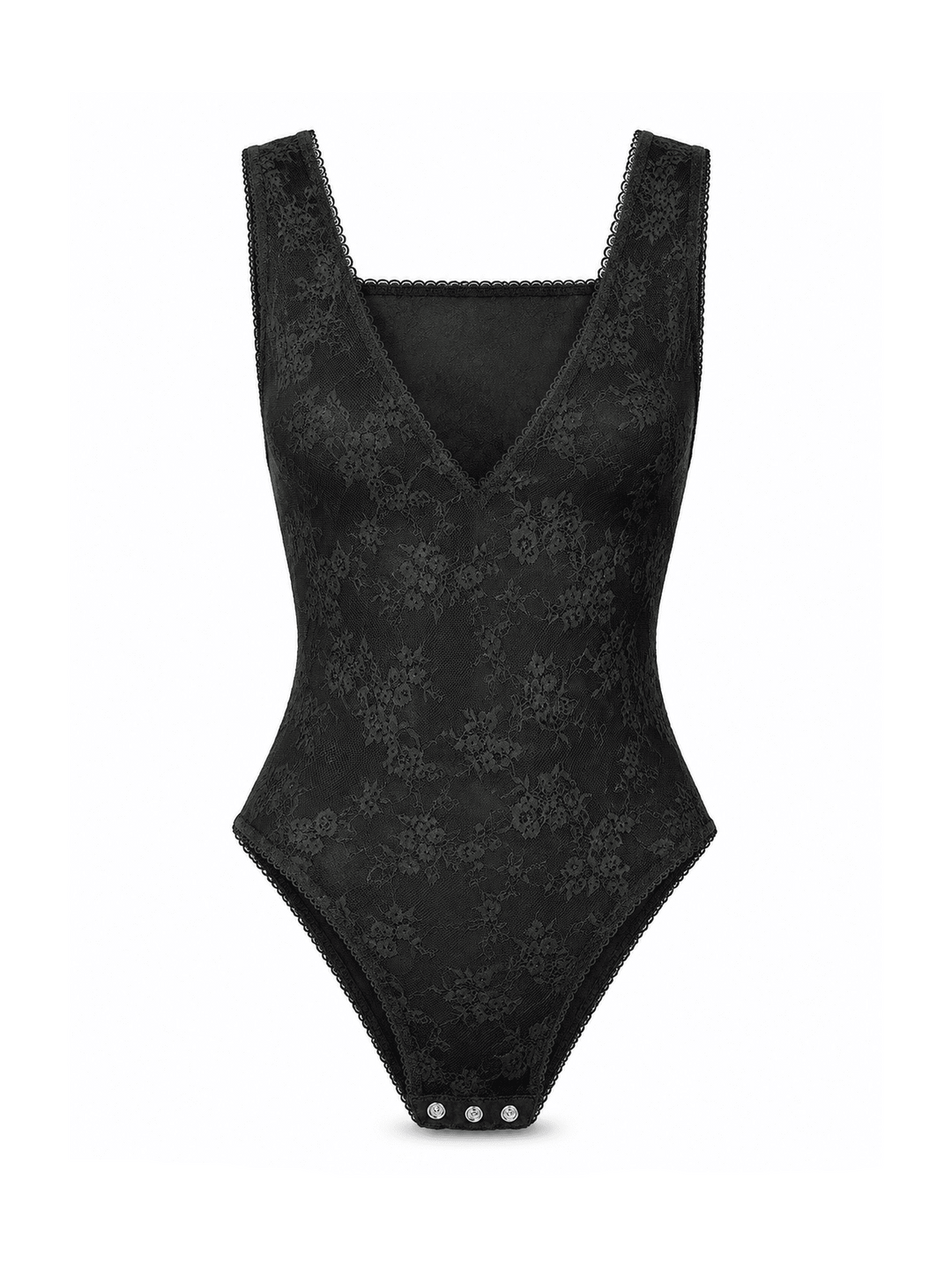A black lace bodysuit with a deep V-neck and wide shoulder straps, shown against a plain white background. The bodysuit features a subtle floral lace pattern and a small silver button closure at the crotch.