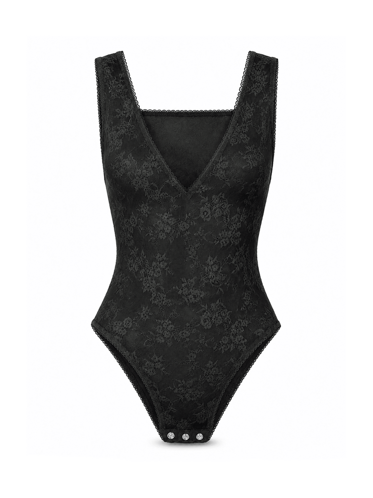 A black lace bodysuit with a deep V-neck and wide shoulder straps, shown against a plain white background. The bodysuit features a subtle floral lace pattern and a small silver button closure at the crotch.