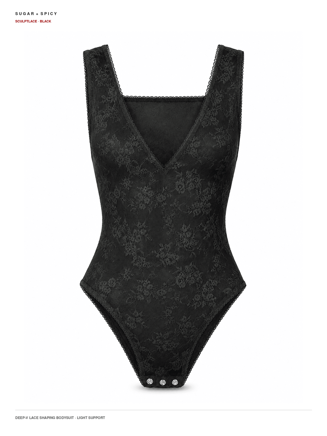A black lace bodysuit with a deep V-neck and wide shoulder straps, shown against a plain white background. The bodysuit features a subtle floral lace pattern and a small silver button closure at the crotch.