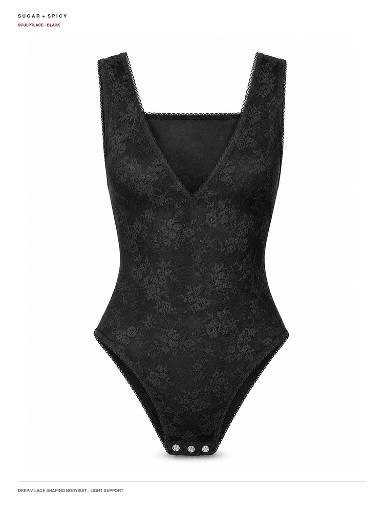 A black lace bodysuit with a deep V-neck and wide shoulder straps, shown against a plain white background. The bodysuit features a subtle floral lace pattern and a small silver button closure at the crotch.