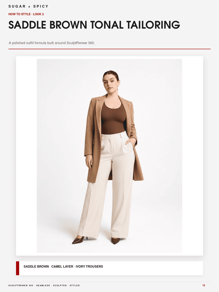 A fashion editorial page showing a model wearing a saddle brown camel blazer, brown tank top, ivory wide-leg trousers, and brown pointed shoes against a white background. The page header reads 'SUGAR • SPICY' and 'SADDLE BROWN TONAL TAILORING'.