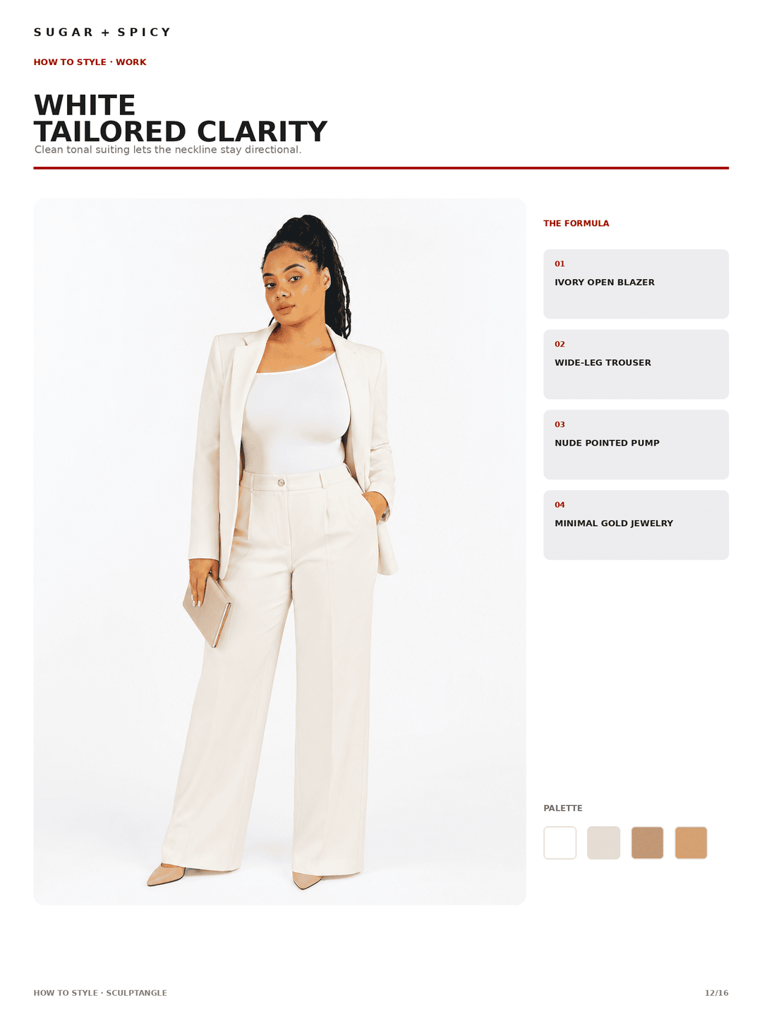 A fashion editorial page showing a woman wearing a white tailored blazer and matching wide-leg trousers with a white top, holding a beige clutch. The page includes the text &