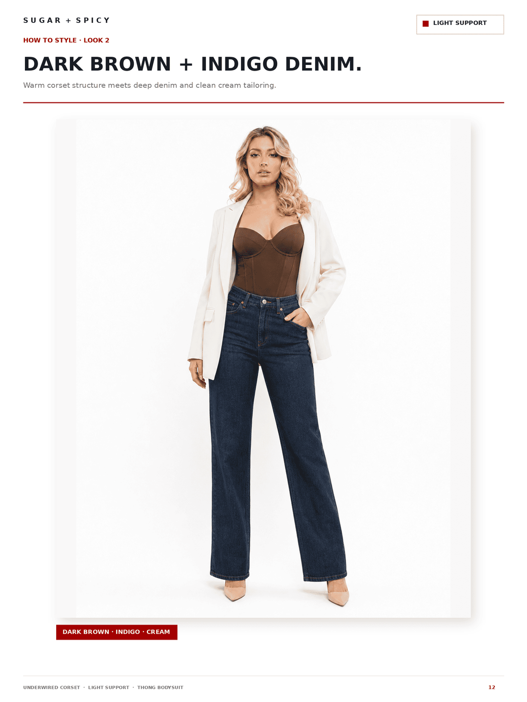 A fashion catalog page showing a model wearing dark brown and indigo denim jeans with a cream blazer, brown camisole, and beige heels. The page header reads &
