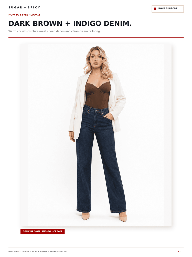 A fashion catalog page showing a model wearing dark brown and indigo denim jeans with a cream blazer, brown camisole, and beige heels. The page header reads 'SUGAR + SPICY' and 'DARK BROWN + INDIGO DENIM.