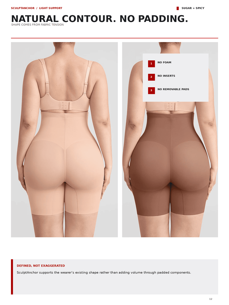 A product comparison graphic showing two views of a model from the back wearing Sculptabancher light support shapewear. The left model wears a beige/nude shapewear brief, and the right model wears a darker brown shapewear brief.