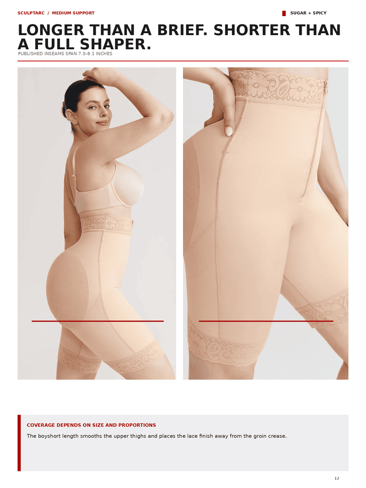 A catalog page showing a model wearing high-waisted seamless shapewear briefs in a light peach-beige shade, with two close-up views highlighting the lace trim and shaping panels. The page includes marketing text and product variant labels.