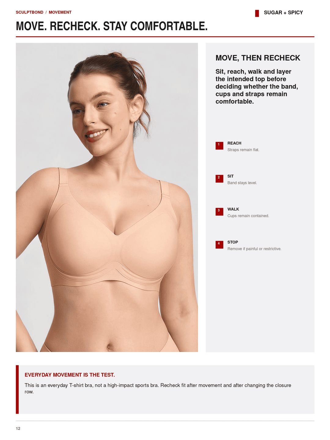 A printed or digital fitness/health guide page featuring a woman modeling a beige sports bra, with text about movement and rechecking fit. The page includes headings, bullet points, and a small product photo on a white background.