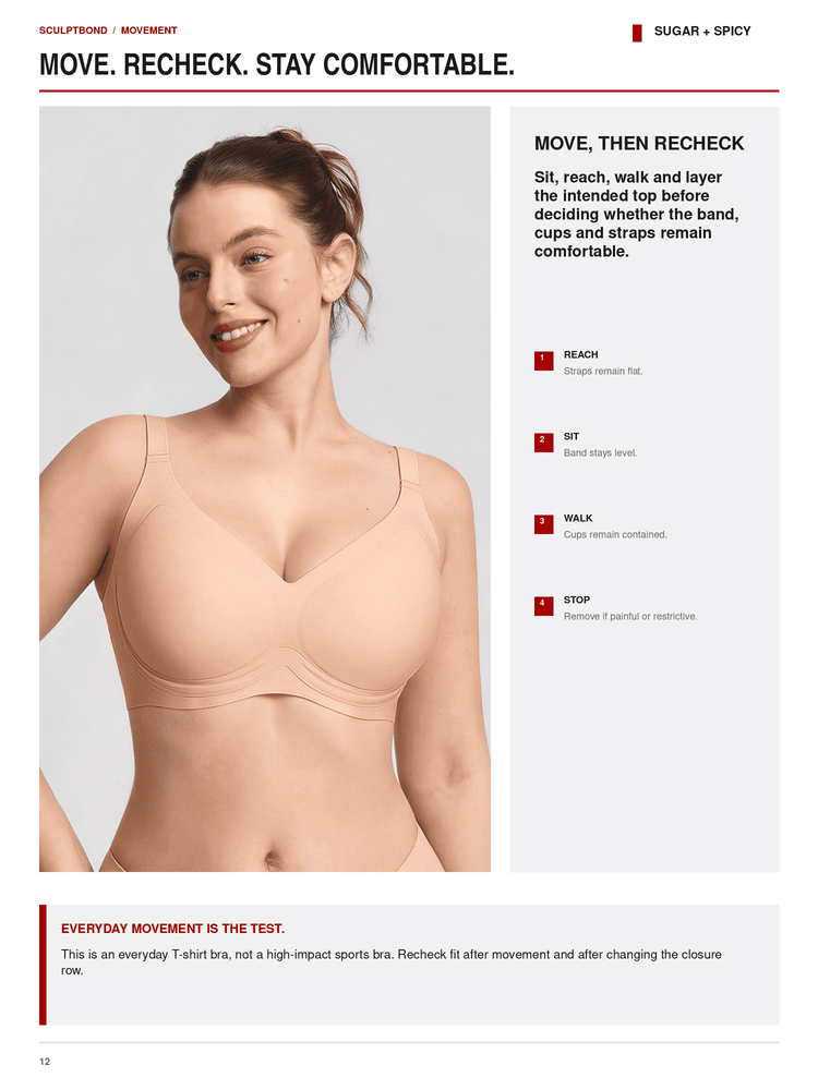 A printed or digital fitness/health guide page featuring a woman modeling a beige sports bra, with text about movement and rechecking fit. The page includes headings, bullet points, and a small product photo on a white background.