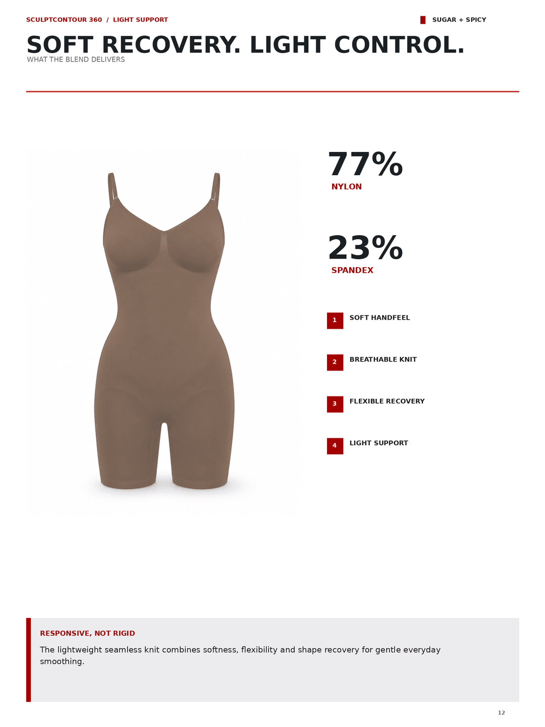 A product information page for a seamless shapewear bodysuit. The page features a studio shot of the bodysuit in a warm taupe-brown color on the left, with text on the right detailing its 77% nylon and 23% spandex composition.