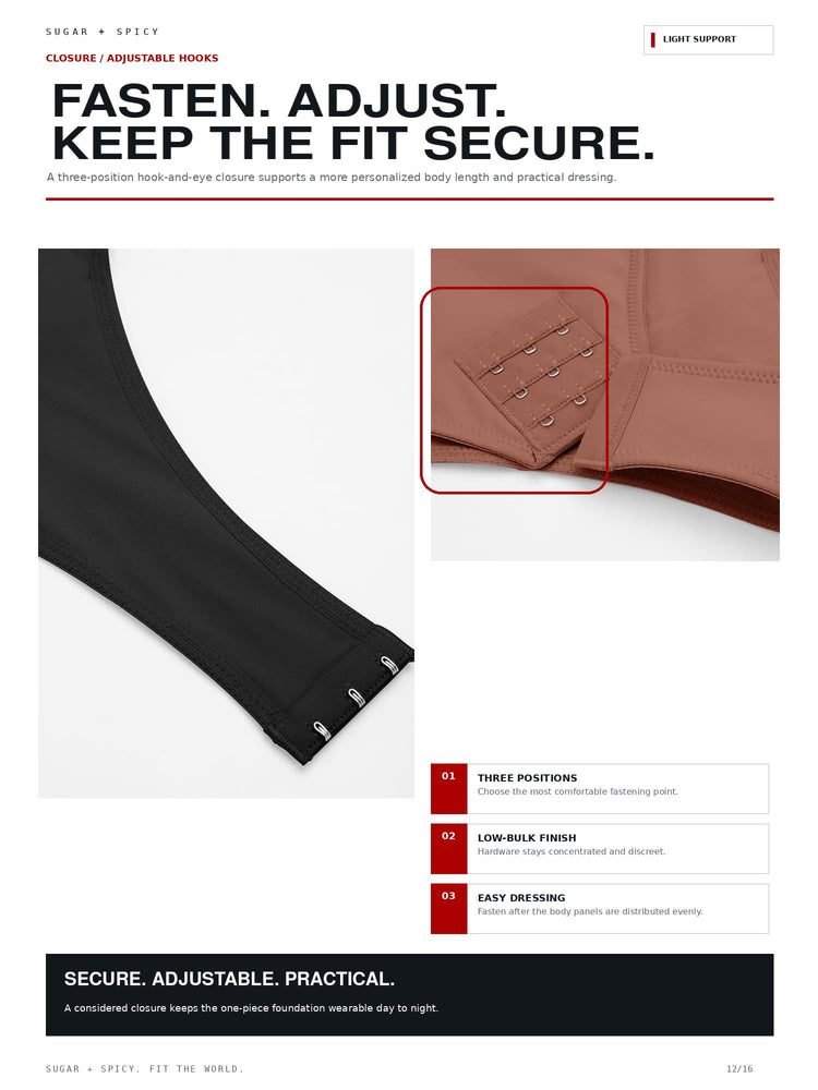 A product information page for Sugar + Spicy closure/adjustable hooks, showing a black hook-and-eye closure detail, a close-up of brown hook-and-eye hardware, and text describing features like three positions, low-belt finish, and easy dressing.