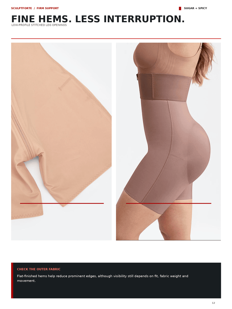 A catalog page showing a high-waisted shaping brief in a nude beige color, with a close-up of the fabric and a side view on a model. The page includes text describing the product as 'FINE HEMS.