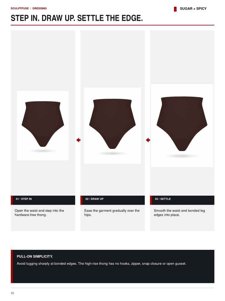 Instruction sheet showing three steps for wearing and shaping a high-rise thong: step in, draw up, and settle. The page includes three centered views of a dark brown thong on a light gray background, with text instructions below each view and a black panel at the bottom.