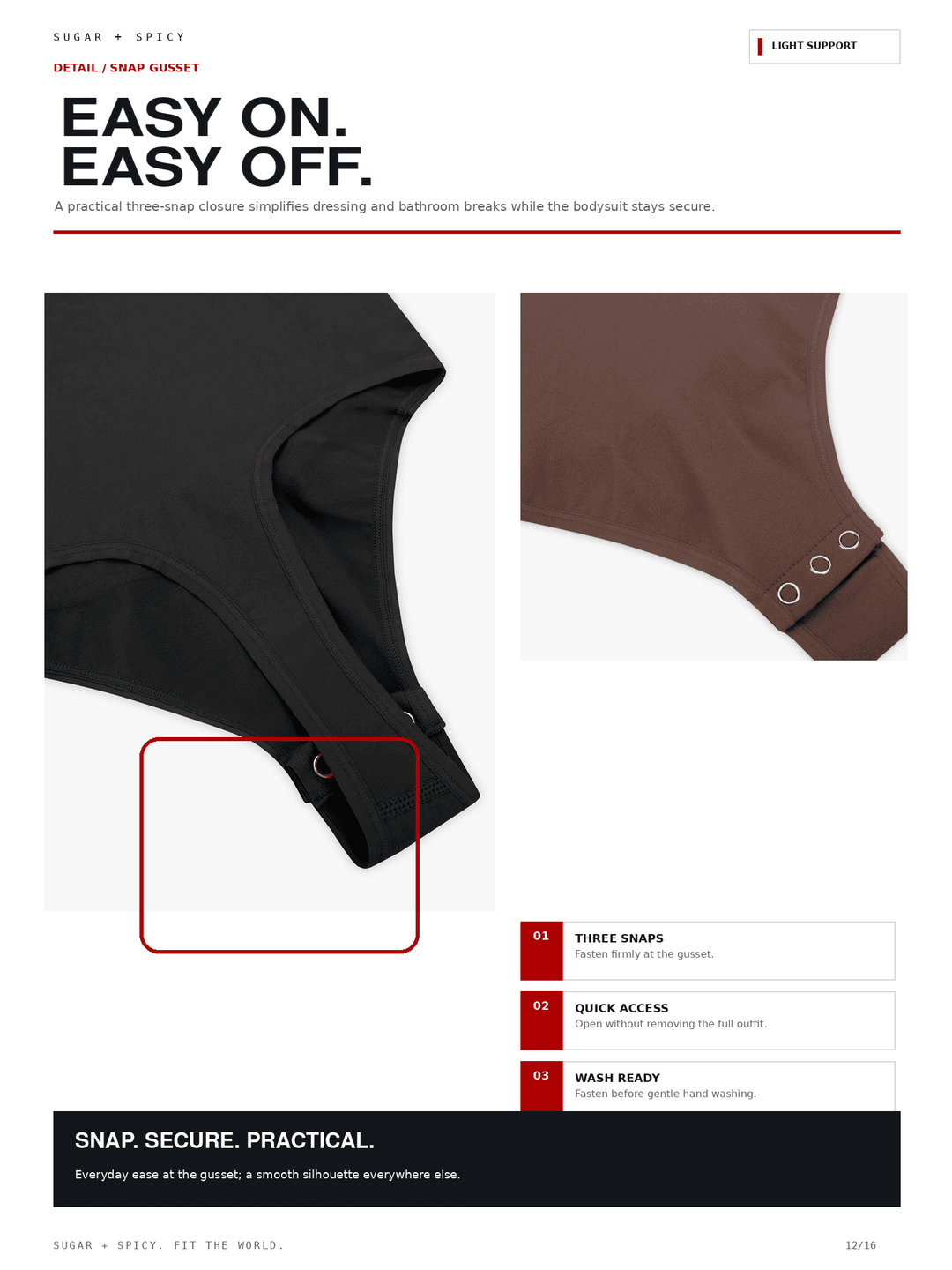 A product information page for a three-way snap closure bodysuit, showing two close-up views of the garment on a white background with feature callouts and text. The left close-up shows a black bodysuit with a red outlined snap detail, and the right close-up shows a brown bodysuit with snap closures.