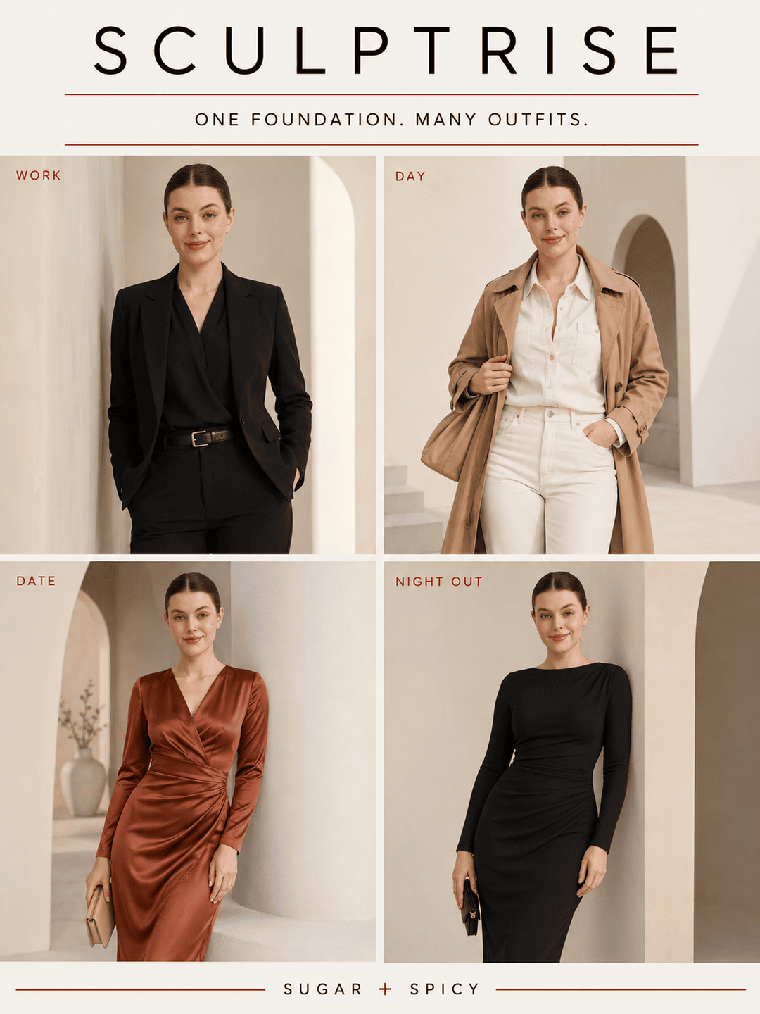 A four-panel promotional collage for SCULPTRISE apparel, showing a woman modeling different outfits in a warm beige architectural setting. The panels are labeled WORK, DAY, DATE, and NIGHT OUT, with the brand name SCULPTRISE at the top and SUGAR + SPICY at the bottom.