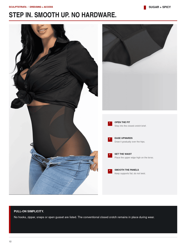 Instruction page from Sculptptimates' Dressing + Access guide for a black sheer mesh wrap-style top. The page features a model wearing the top, a close-up inset of the garment's smooth fabric, and a numbered list explaining how to open the fit, ease upwards, set the waist, and smooth the panels.