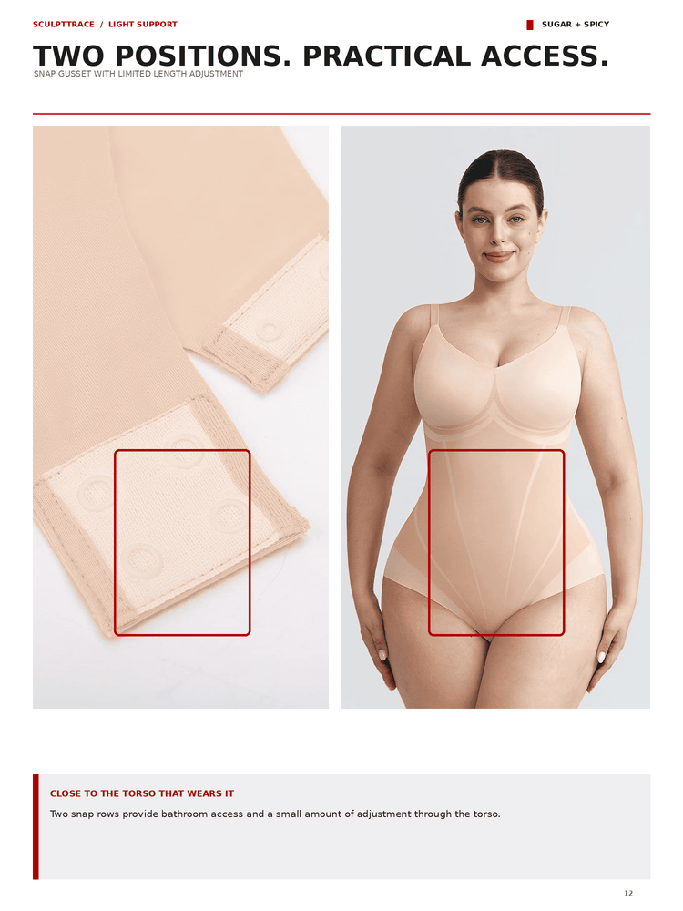 A catalog page showing a woman modeling a light beige seamless underwear/torso support garment, alongside close-up inset views of the fabric and a red outlined area on the torso for fit reference. Text at the top reads 'TWO POSITIONS.