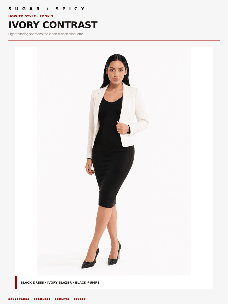 A model wearing a black knee-length dress, an ivory blazer, and black pumps, shown against a plain white studio background with text at the top and bottom describing the look.