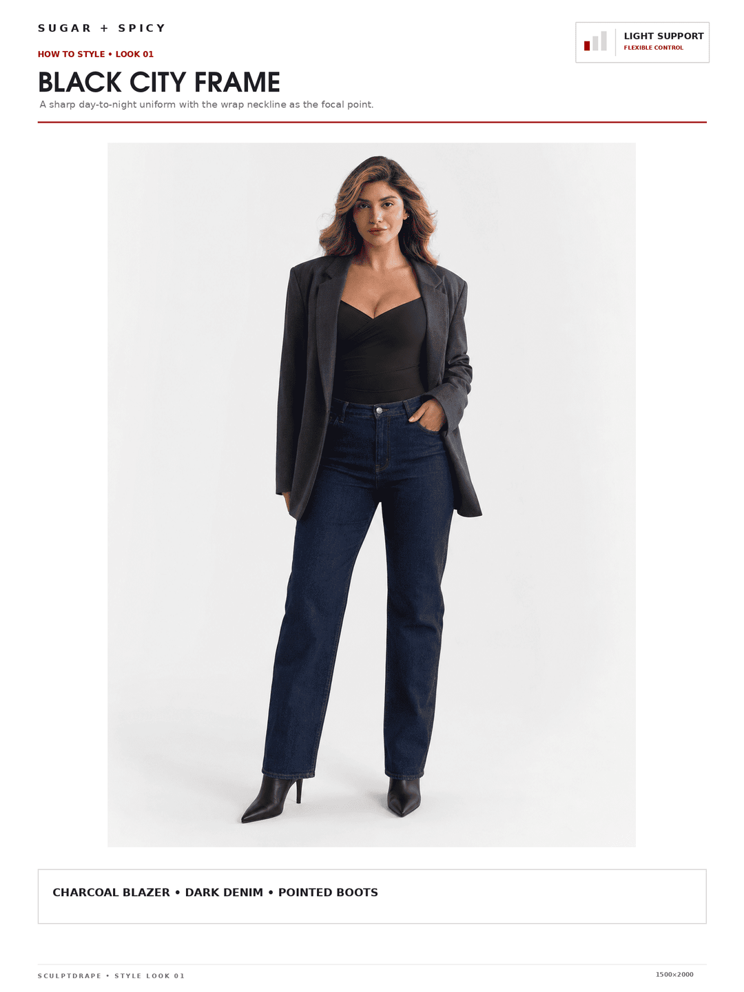 A fashion catalog page showing a model wearing a charcoal blazer, dark denim jeans, and pointed boots against a light gray background. The page header reads &
