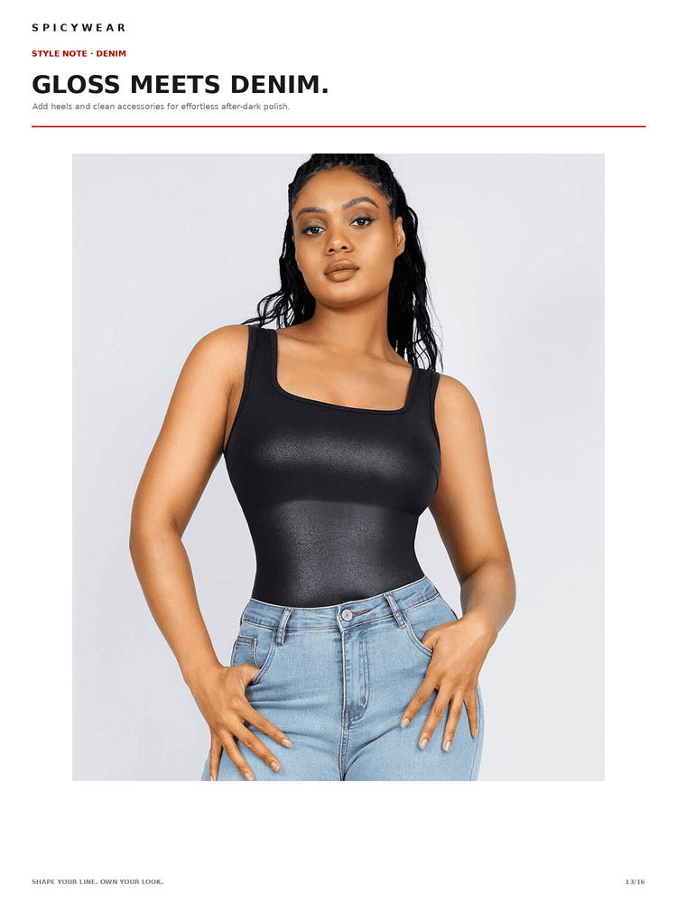 A model wearing a black satin-like tank top with a square neckline and light wash denim jeans, standing against a light gray studio background. The page includes the text 'SPICYWEAR' and 'GLOSS MEETS DENIM.