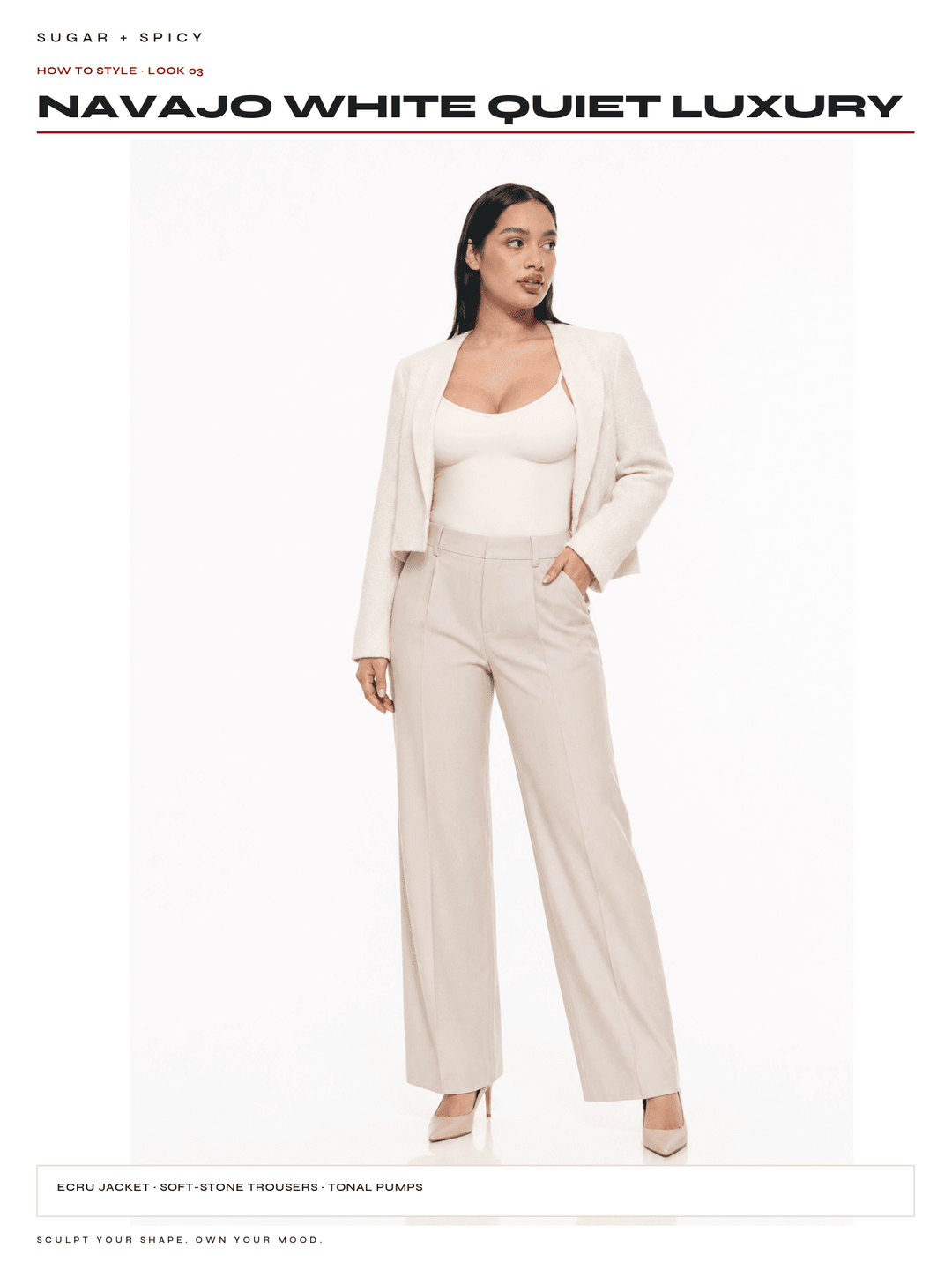 A woman modeling a cream-colored two-piece suit consisting of a cropped blazer and matching wide-leg trousers, styled with a white camisole and nude heels. The image is presented as a catalog page under the heading &