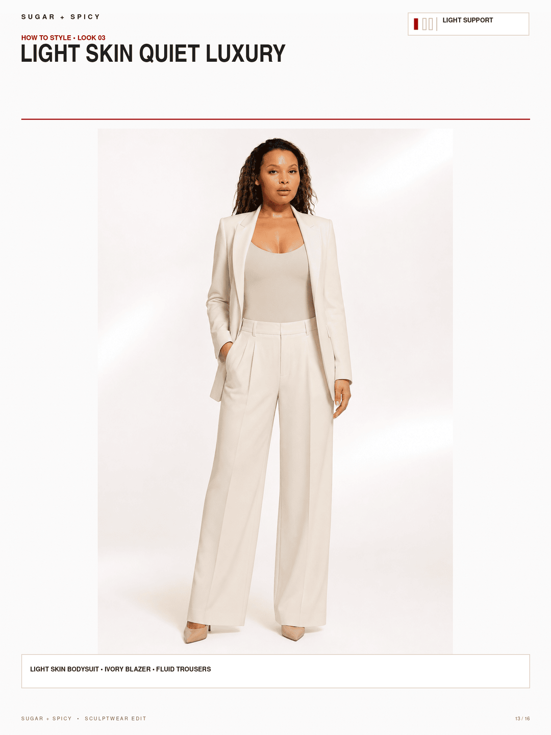 A model wearing a light cream-colored two-piece suit consisting of a blazer and wide-leg trousers, styled with a matching ribbed tank top. The image is presented on a white e-commerce catalog page with text overlays.