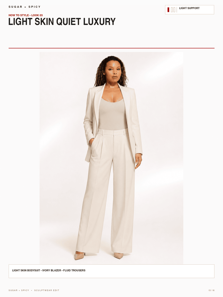 A model wearing a light cream-colored two-piece suit consisting of a blazer and wide-leg trousers, styled with a matching ribbed tank top. The image is presented on a white e-commerce catalog page with text overlays.