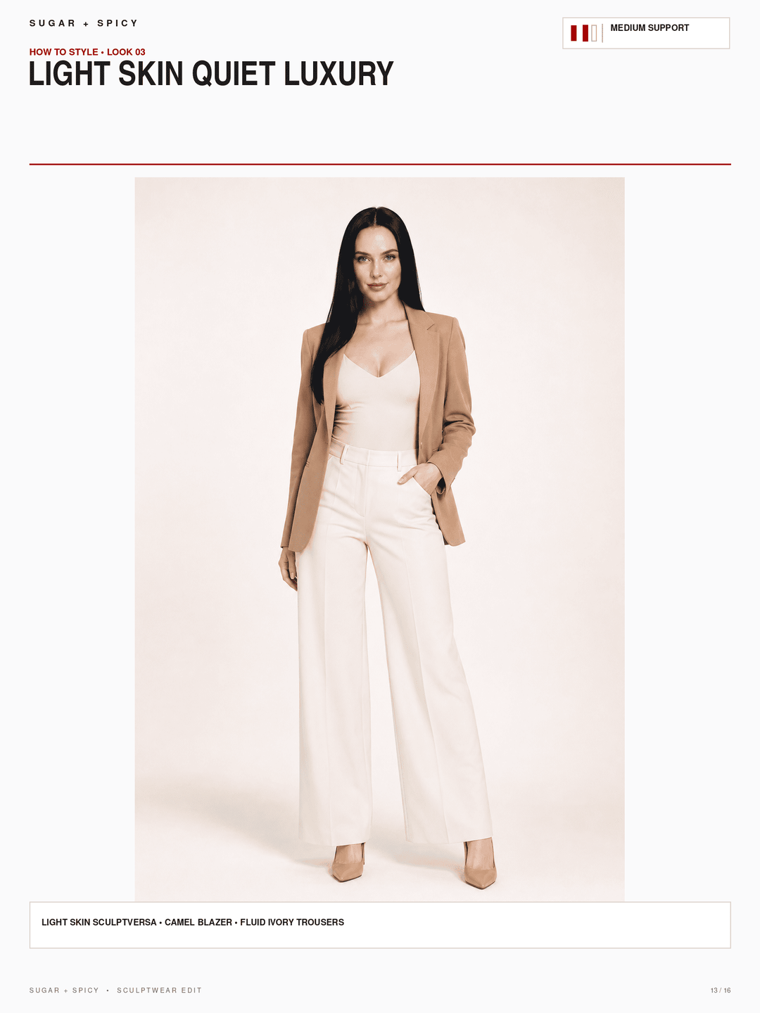 A fashion editorial image featuring a model wearing a camel blazer, white wide-leg trousers, and a white camisole against a pale pink background. The image includes text overlays reading &