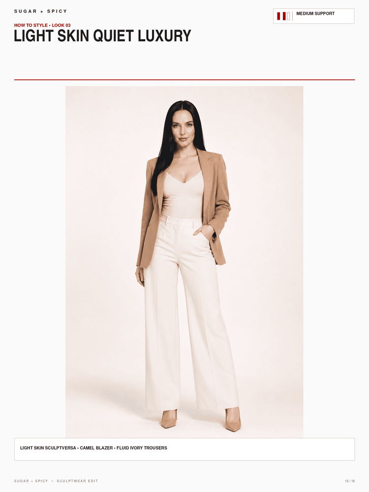 A fashion editorial image featuring a model wearing a camel blazer, white wide-leg trousers, and a white camisole against a pale pink background. The image includes text overlays reading 'LIGHT SKIN QUIET LUXURY' and 'HOW TO STYLE - LOOK 15'.