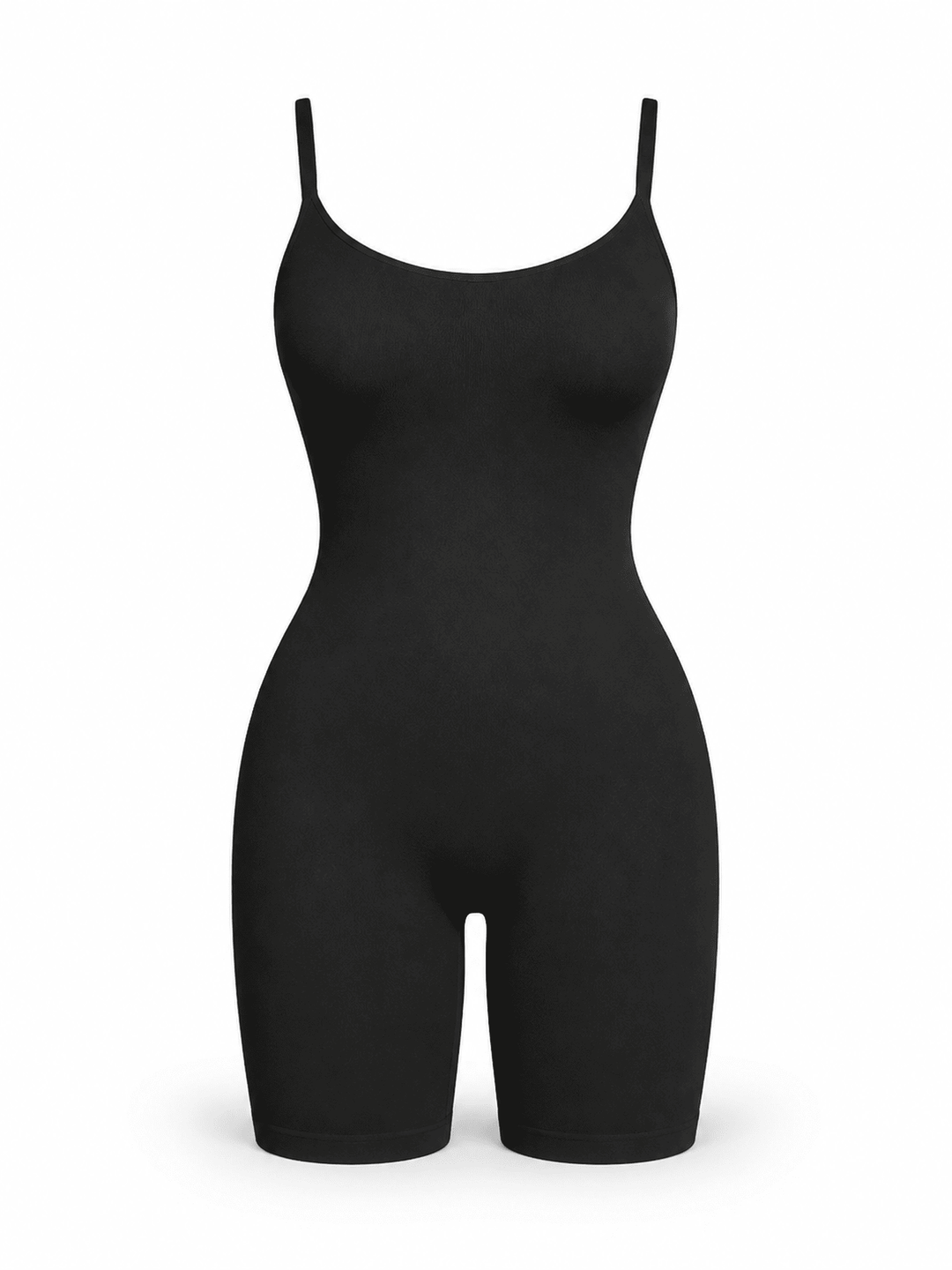 A black bodysuit with thin shoulder straps and a scoop neckline, displayed on a clean white background.