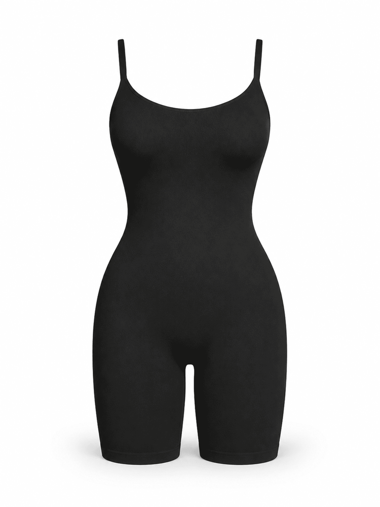 A black bodysuit with thin shoulder straps and a scoop neckline, displayed on a clean white background.