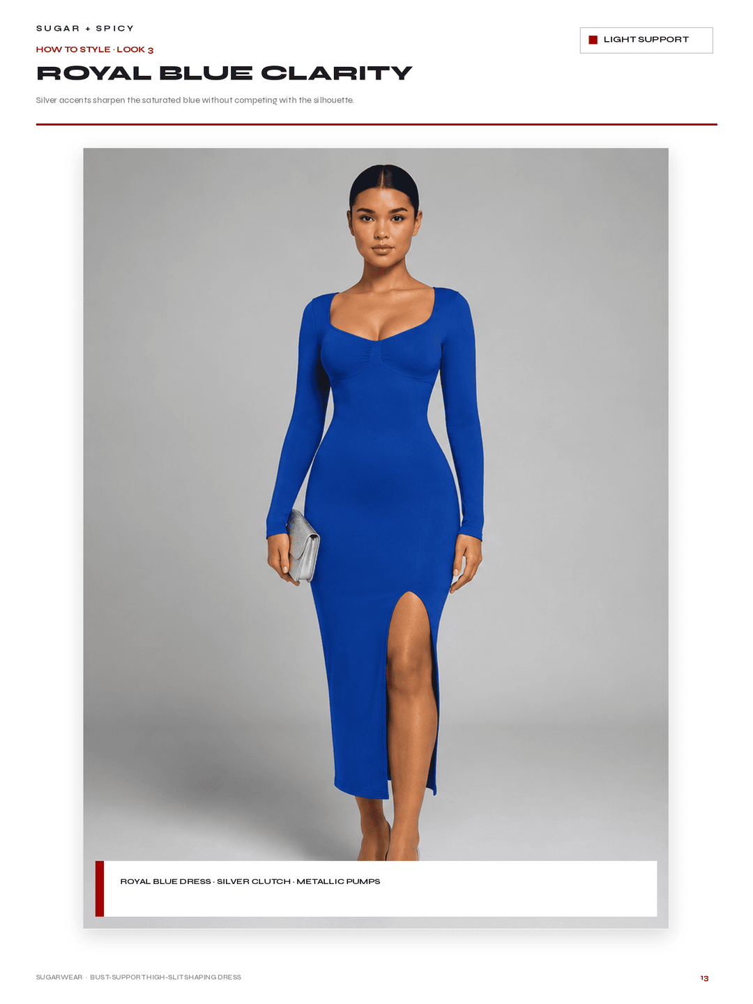 A model wearing a royal blue long-sleeve midi dress with a scoop neckline and a thigh-high slit, standing against a light gray studio background. The image is presented as a catalog page with text headers reading &