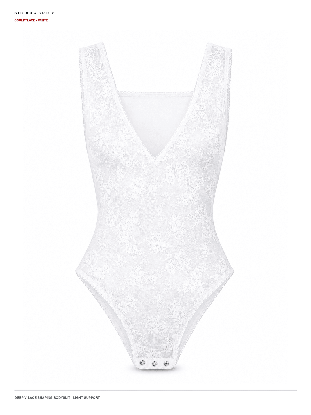 A white lace bodysuit with a deep V-neckline and wide shoulder straps, shown against a plain white background.