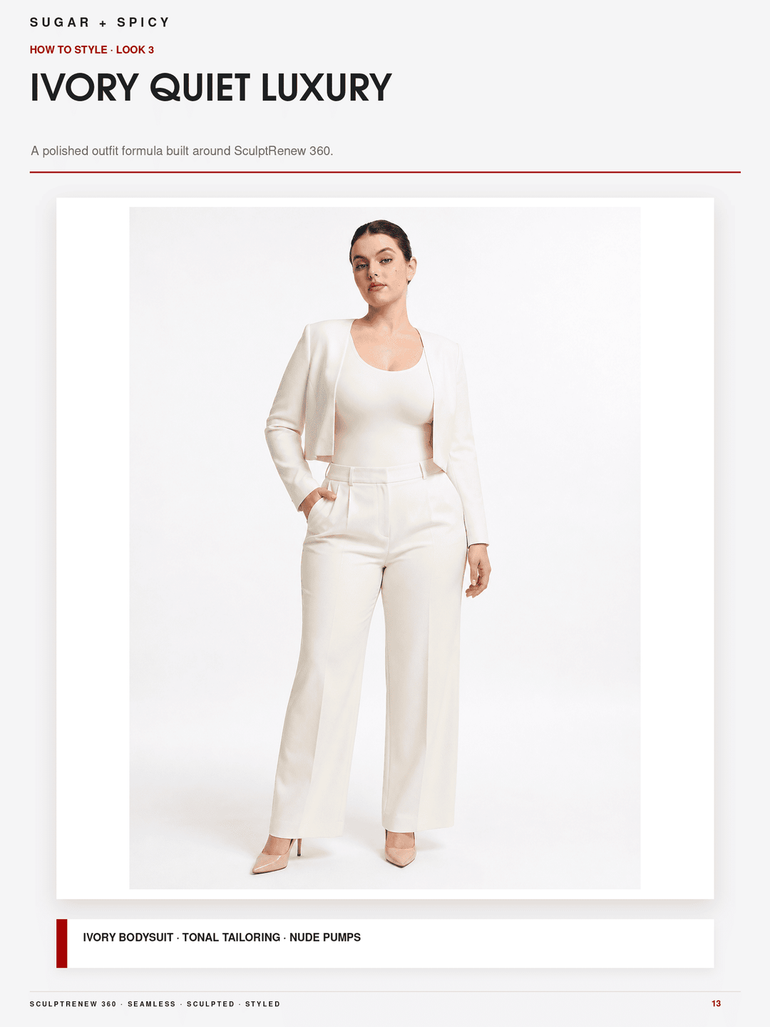 A model wearing an ivory two-piece outfit consisting of a cropped blazer and matching wide-leg trousers, styled with nude heels on a clean white studio background. The image is presented as a fashion editorial page titled &