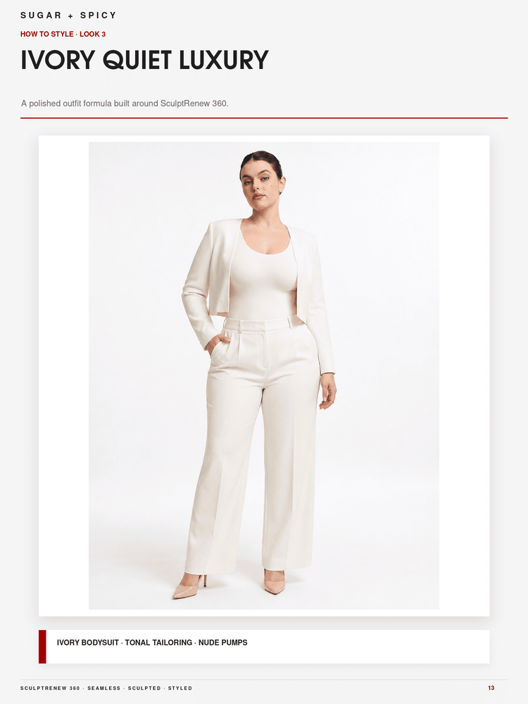 A model wearing an ivory two-piece outfit consisting of a cropped blazer and matching wide-leg trousers, styled with nude heels on a clean white studio background. The image is presented as a fashion editorial page titled 'IVORY QUIET LUXURY'.