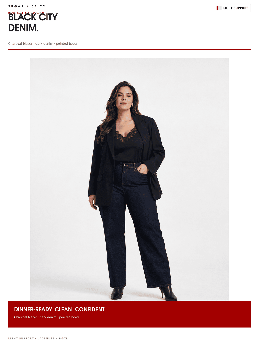 A model wearing a black blazer, black lace-trimmed top, and dark wide-leg denim pants, standing against a light gray studio background with promotional text banners above and below.