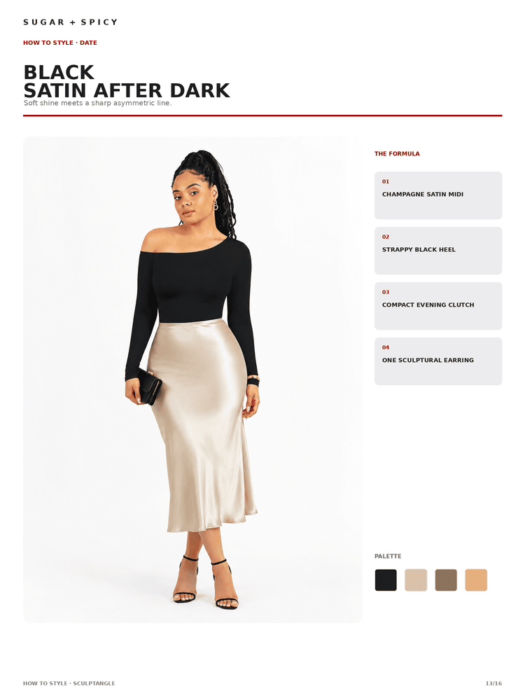 A fashion editorial page showing a woman modeling a black long-sleeve top and a shiny light beige satin midi skirt against a white background, with text reading 'BLACK SATIN AFTER DARK' and styling tips on the right.