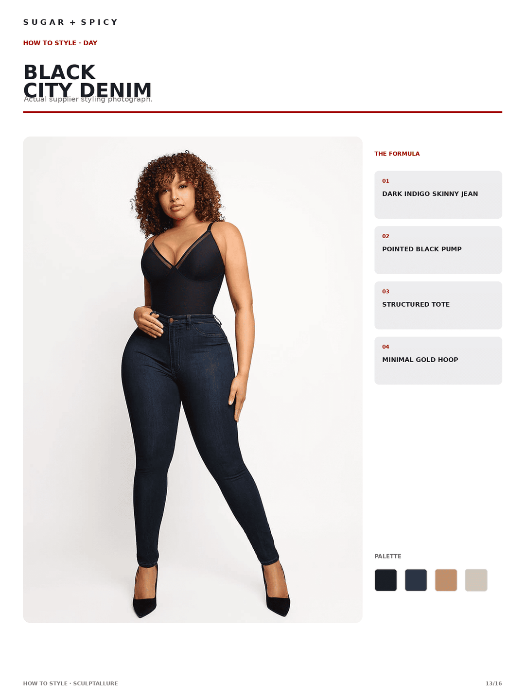 A fashion catalog page showing a model wearing black skinny jeans and a black bodysuit, with text reading &
