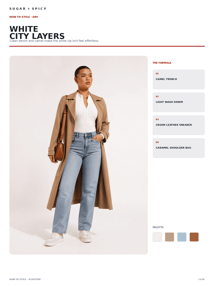 A fashion editorial page showing a model wearing a camel trench coat over a white top and light blue jeans, with text reading 'WHITE CITY LAYERS' and product color callouts on the right.