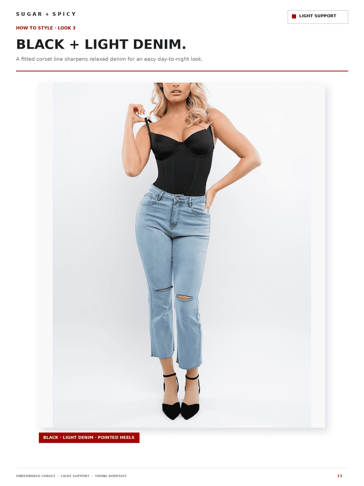 A fashion catalog page showing a woman modeling black and light denim jeans. The page has text headers reading 'SUGAR + SPICY', 'BLACK + LIGHT DENIM.