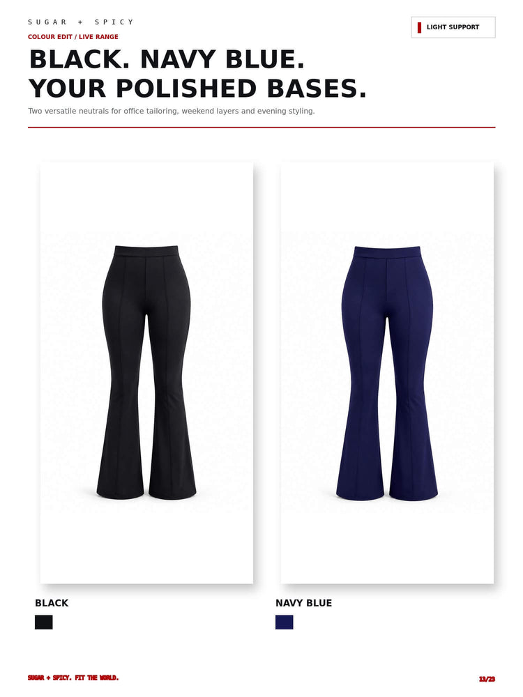 A color range graphic for women's flared trousers showing two versions of the same silhouette: one black and one navy blue. The layout includes text reading 'BLACK.